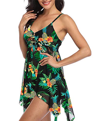 Temptme Women Swimsuit Two Piece Tankini Mesh Swimdress Floral Printed with Boyshort Bathing Suits - Thumbnail 3