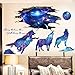 iwallsticker 2pcs Creative Blue Starry Sky Wolf and Moon Stars Wall Decals Galaxy Removable Stickers Living room Decor Home art Kids Bedroom Decal Nursery Sticker Boy Rooms Mural Children Gift Sticker
