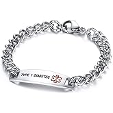 TTVOVO Medical Alert ID Bracelet for Men and Women Stainless Steel SOS Emergency Medical Bracelets Link Chain Bracelet Personalized ID Identification Doctors Jewelry Gifts, 8.7Inches, Type 1 Diabetes