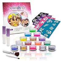 Glitter Tattoo Kit for Girls (15 X-Large Color Jars, 32 Cool Tattoos Stencils, 2 Glue Applicator & 2 Cosmetic Brushes) FDA Compliant, Hypoallergenic, Waterproof and Easy to Apply