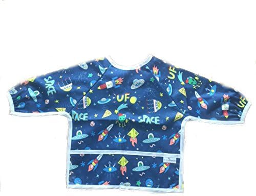 Waterproof long sleeved bib - lightweight bibs with sleeves with ties and feeding pocket, best for infant, smock, toddler, baby 6-30 months girl and boy (Space)