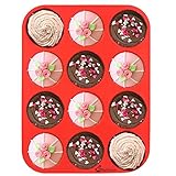 Silicone Muffin Pan, SySrion 12 Cup Premium Cupcakes Baking Pan, Non-stick, BPA Free Food Grade Silicone Mold Material - Dishwasher - Heat Resistant Tins up to 450¡ãF - Microwave Safe - Red