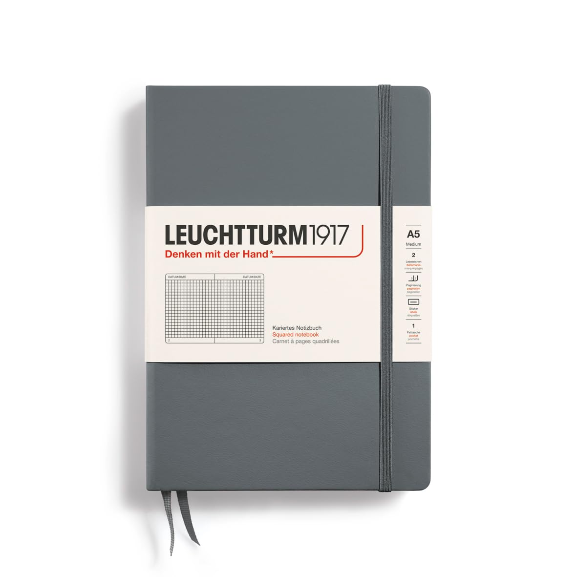 LEUCHTTURM1917 344783 Notebook Medium (A5), 249 Numbered Pages, Squared, Anthracite