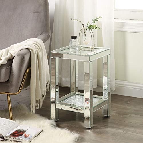 Mirrored End Table with Crystal Inlay, Square Modern Side Table Silver