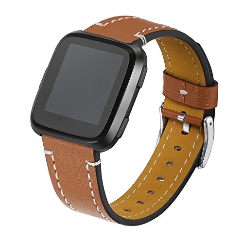 bayite For Fitbit Versa Bands, Classic Genuine Leather Wristband Fitness Strap for Versa Large Brown