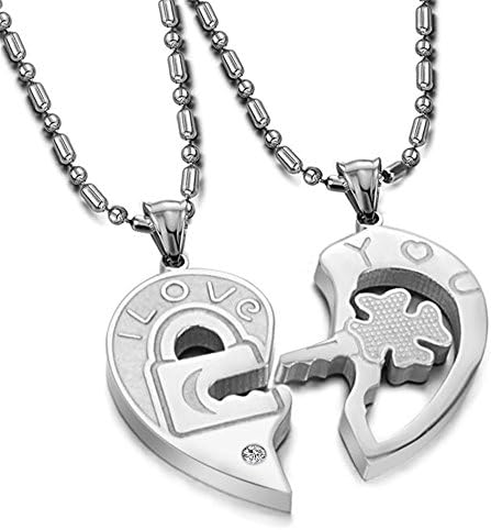 Heart-shaped Matching Couple Necklace Key and Lock Pendant Engraved "I Love YOU" for Lovers (Silver and Silver)