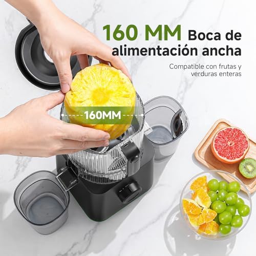 Extrator de sumo prensado a frio 600W, espremedor com boca XL 160 mm, espremedor lento de 2,5 L para frutas e legumes integrais, 2 filtros (sumo, leite vegetal, sorvete), fácil de limpar, preto mate