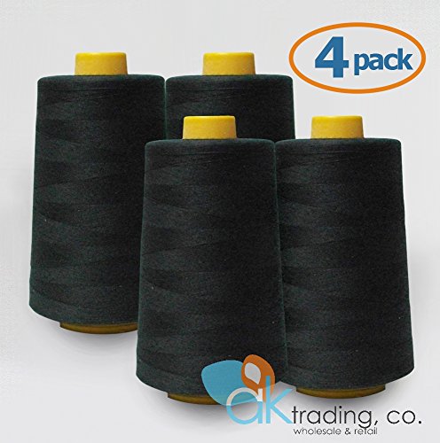 AK-Trading 4-Pack BLACK Serger Cone Thread (6000 yards each) of Polyester thread for Sewing, Quilting, Serger #653