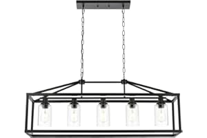 BONLICHT Kitchen Island Lighting 5 Light Modern Farmhouse Metal Cage Chandeliers with Clear Glass Shade Black Industrial Rectangle Dining Room Light Fixture Hanging Pendant Lamp for Foyer Bar Entryway