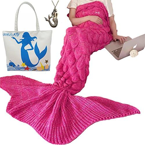 URSKY Crochet Knitted Sofa Living Room Mermaid Tail Blanket, Cozy and Soft All Season Mermaid Tail Pattern Throw Sleeping Bag For Adult, Teens and Child (Scale Fancy Tail Rose Red New)