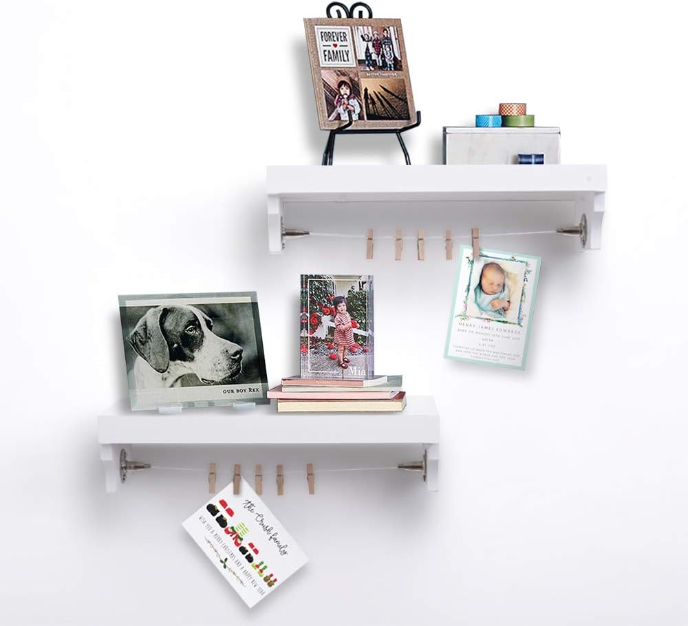 AHDECOR Wall Mounted Floating Shelves, White Wooden Wall Ledge and Shelf with Photo Cards Clips for Home Decor, 15 X 5.9 X 3.7 Inch, 2-Pack