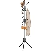 HYSEYY Coat Rack Freestanding,Metal Coat Tree for Entryway with 12 Hooks | Smooth Ball Ends Prevent Clothing Snags, 80LBS Load Coat Racks for Coat Hats Handbags Scarves in Bedroom Office, Black