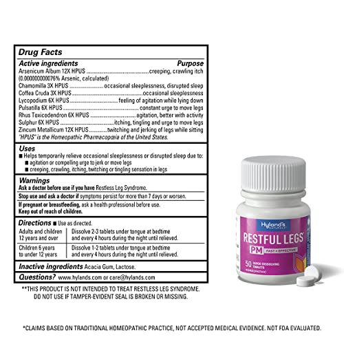 HYLAND’S RESTFUL LEGS PM, NIGHTTIME FORMULA, CALMS AGITATED LEGS SO YOU CAN SLEEP, 50 QUICK DISSOLVING TABLETS