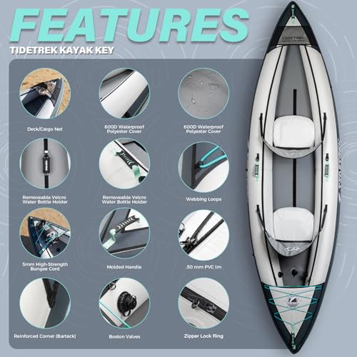 TIDETREK Inflatable Touring Kayak 1-Person & 2-Person with Waterproof Seat & Full Accessory Kit, Lightweight Recreational Kayak for Lake, River & Fishing