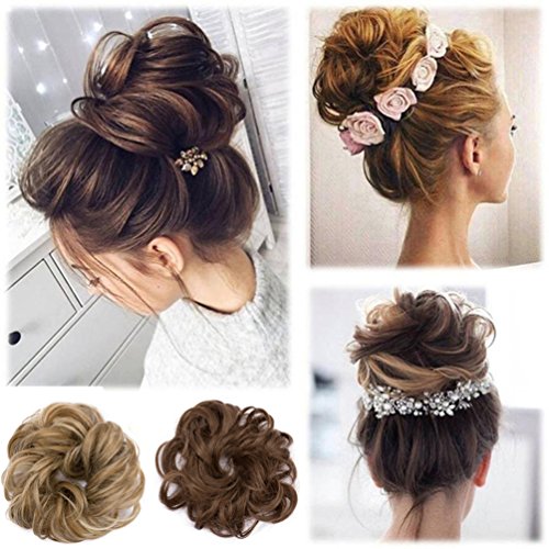 Women Scrunchy Scrunchie Hair Bun Updo Hair Ribbon Ponytail Hair Extensions Short Messy Wavy Curly Dish Hair Bun Extension (Light Brown)