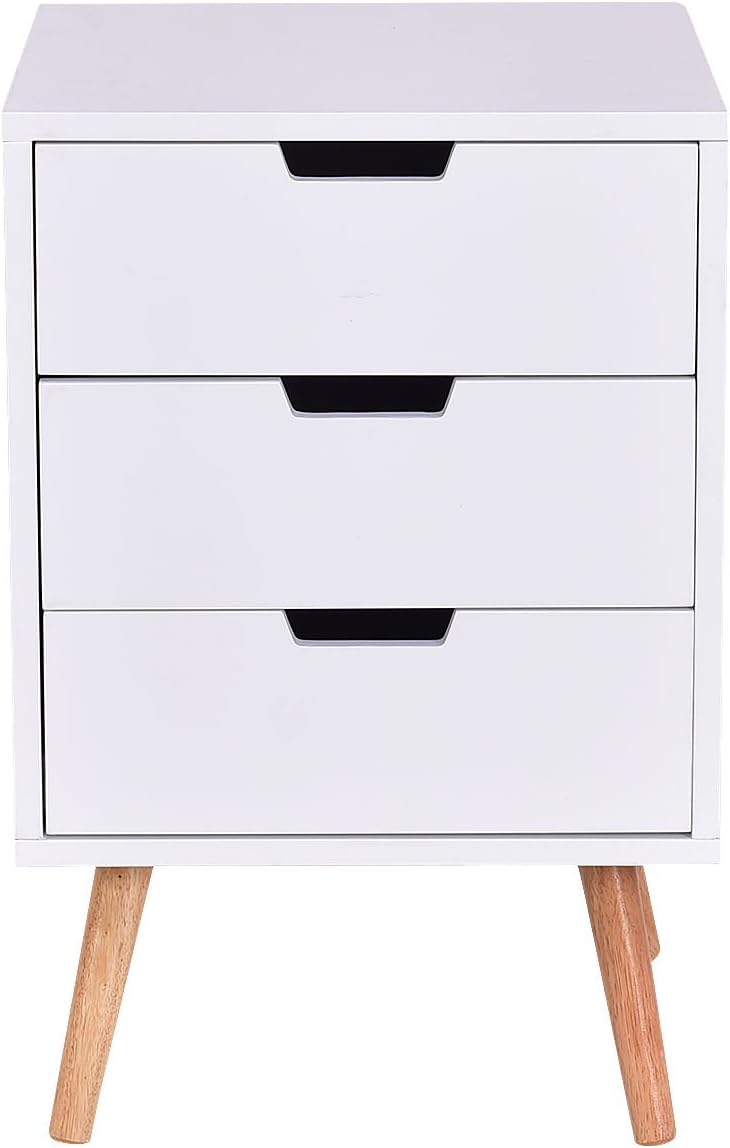 Side End Table Nightstand with 3 Drawers Mid-Century Accent Wood Furniture White