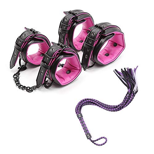 PU Bondage Gear Kit Sponge Lining Ankle & Wrist Re-S-Traint System, Free Whip,Black