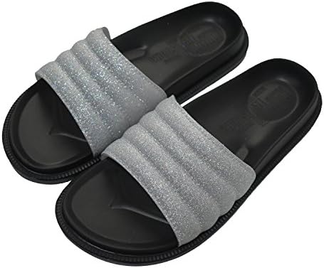 ManZu Women Sequin Slide Sandals With Arch Support Bling Flat Slippers Open Toe