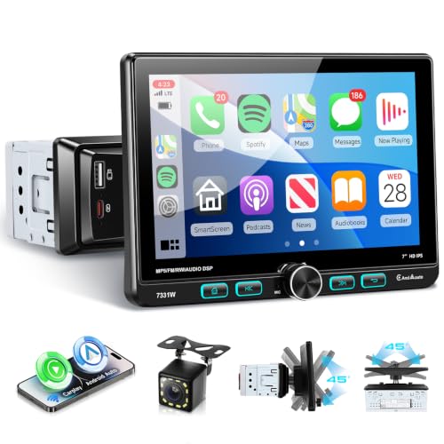 VECHTEL Autoradio 1 DIN con Schermo IPS Orientabile da 7 Pollici 1024x600 | Wireless CarPlay & Android Auto, Bluetooth 5.2, FM/AM/RDS Radio, Mirror Link, USB, Rückfahrkamera, Lenkradsteuerung