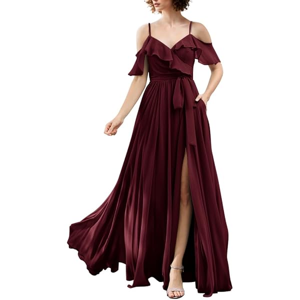 Amazon.com: Long Satin Two Piece Wedding Guest Dress with Pockets for Women  Lace Halter Top High Slit Bridesmaid Dress Burgundy 2 : Clothing, Shoes &  Jewelry