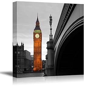 Black and White Photograph of London with a Pop of Color on The Big Ben - Canvas Art Home Art - 12x12 inches