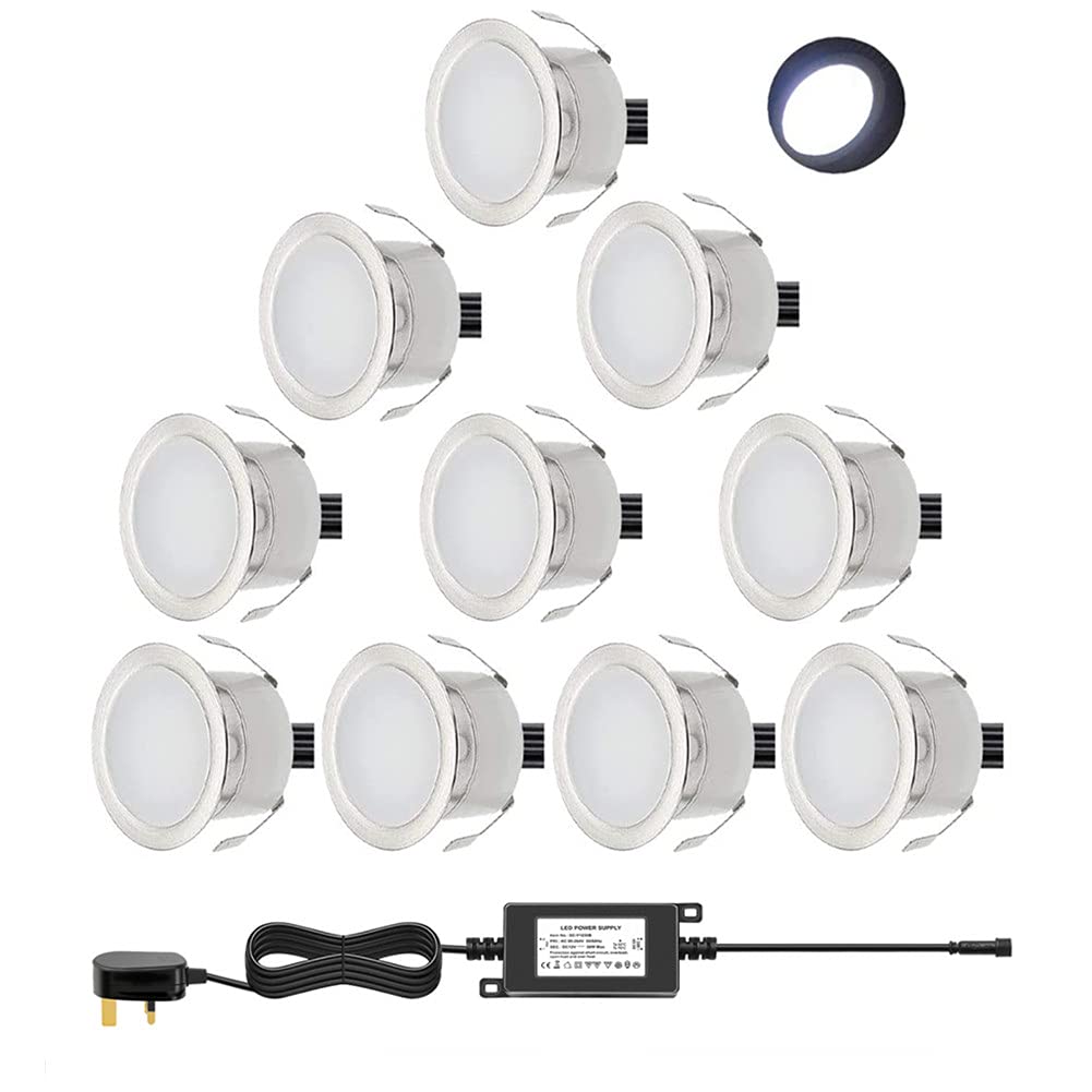 CHNXU Low Voltage Outdoor LED Decking Lights 30mm Recessed Garden Lights Waterproof IP67 Deck Lighting Kits for Kitchen Plinths, Bathroom, Patio Deck, Yard, Garden (10 Pack, Cold White)