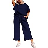 TOPSRANI Womens Plus Size Casual Sweatsuits Lounge Short Sleeve Tracksuit 2 Piece Outfits Baggy Wide Leg Crop Pants Sets