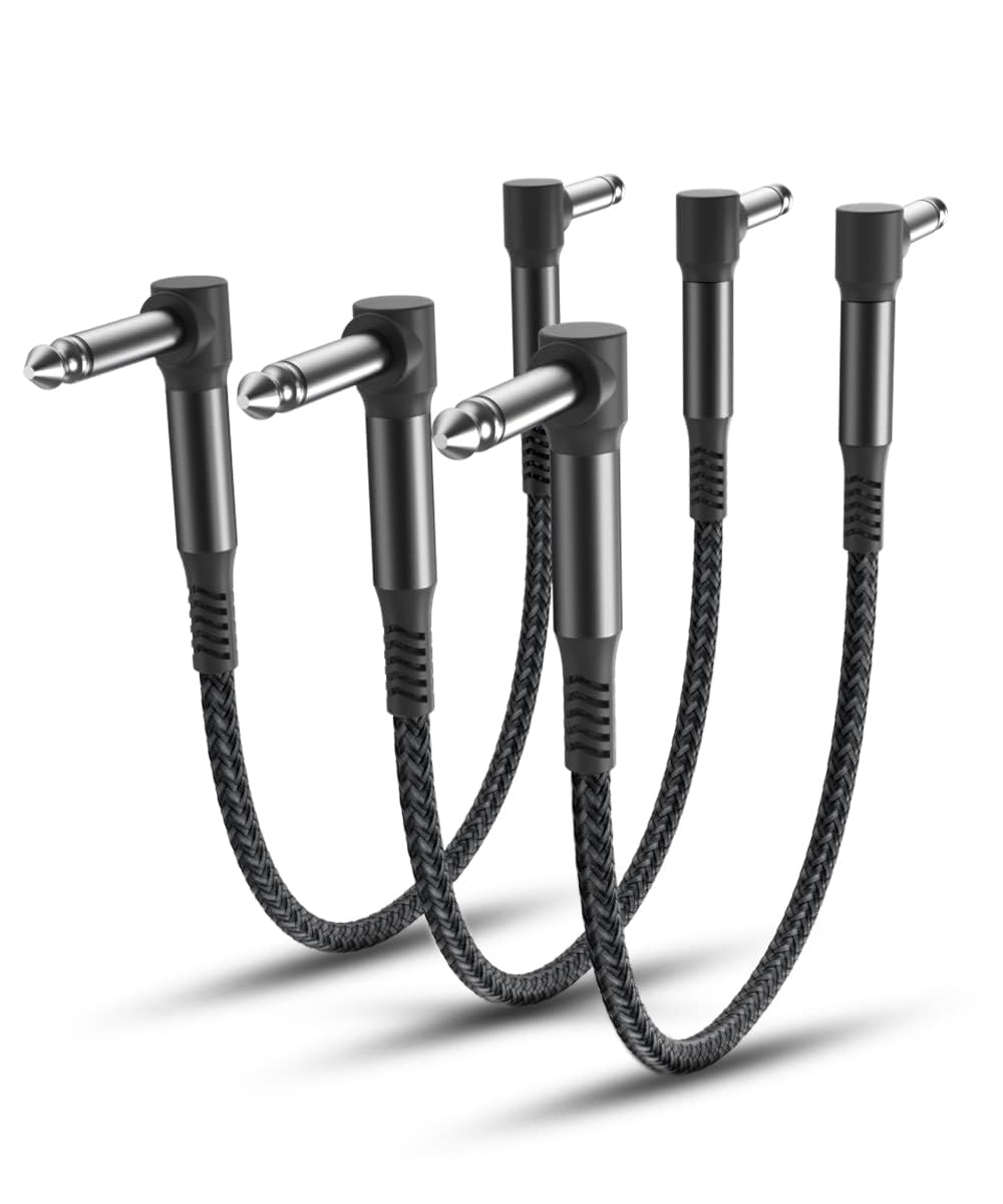 RUXELY Guitar Patch Cables 30CM 3-Pack,Nylon Braided 6.35mm Effects Pedal Board Lead 1/4 Inch Right-Angle Mono Instrument Cord Noiseless TS Male Copper Connector for Guitar/Bass Effect Pedal,Black