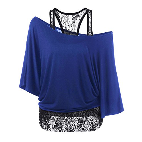 Taore Women Plus Size Lace Bat Sleeve Off Shoulder Boat Neck Dolman Top (M~XL) (2XL, Blue)