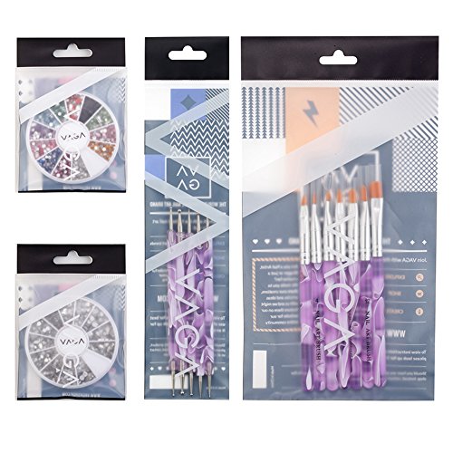 Amazing Value Highest Quality Professional Nail Art Accessories Set Kit With 5 Purple Double Ended Dotting / Marbling Tools / Dotters, 7 Purple Brushes / Stripers / Liners, Wheels of 1200 Silver Rhinestones Decorations And of 2400 Crystals / Gemstones Dec