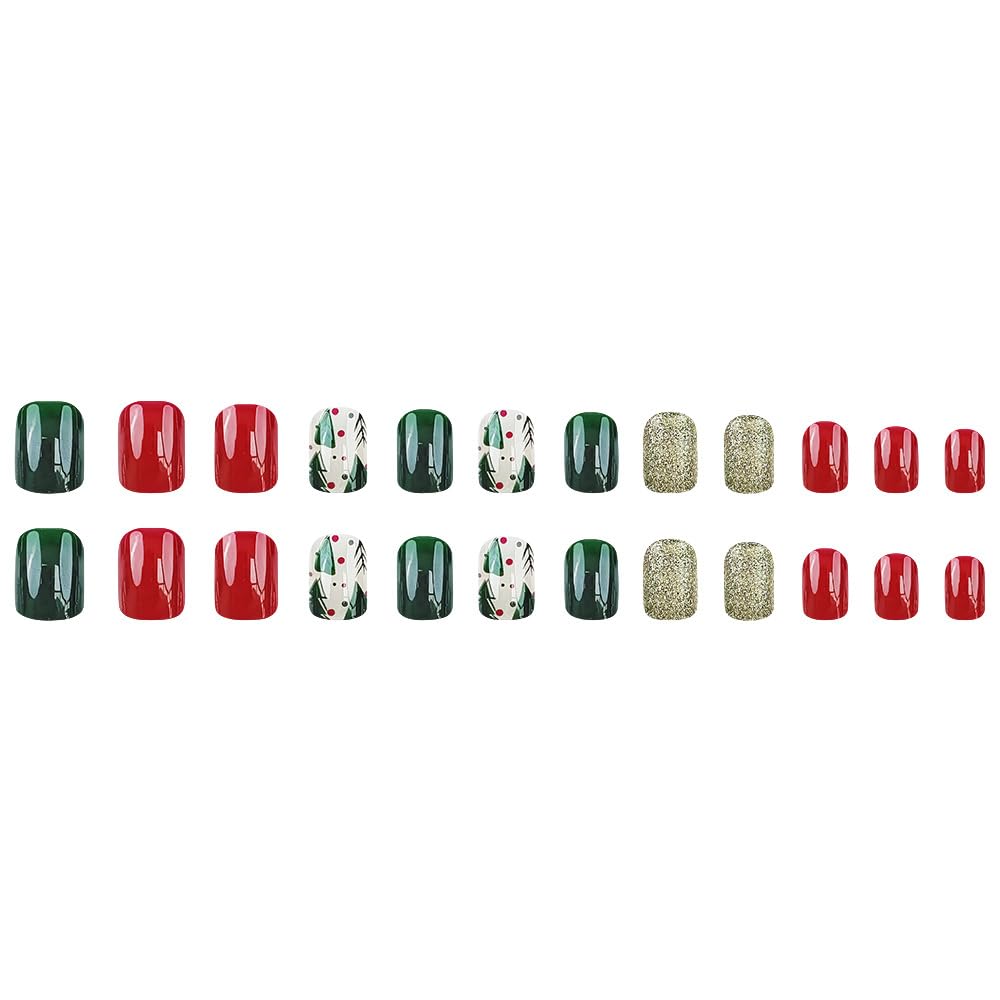 Christmas Press on Nails Short Square False Nails Red Green Fake Nails with Christmas Tree Design Glitter Artificial Nails Acrylic Glue on Nails Short Acrylic Nails Christmas Stick on Nails for Women - Image 6