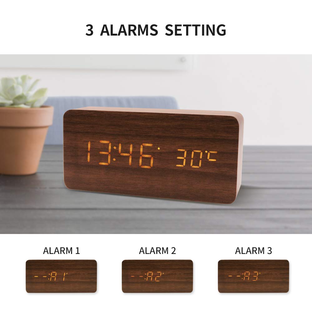 Digital Alarm Clock, LED Clocks with Display Temperature, 3 Alarm Settings, 3 Adjustable Brightness, Sound Control, Wood Alarm Clocks for Bedrooms, Brown
