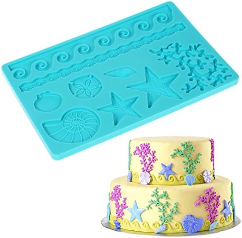 Fondant Lace Mat Silicon Mold with Shell Ocean Star Pattern size 7.8"x5" Sea Life Mould for Christmas Cake Decoration Birthday Candy Sugar Icing Chocolate - Blue