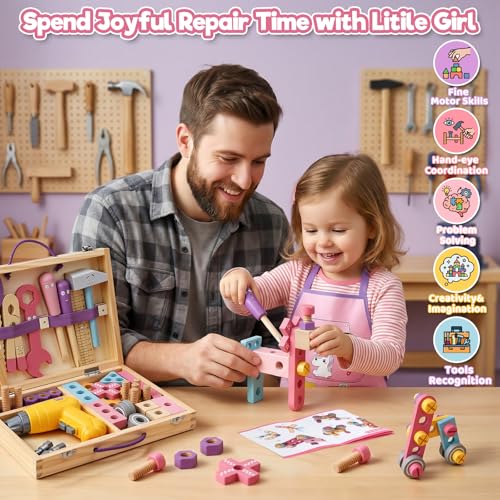 Kids Tool Set Wooden Toys for 3 Year Old Girls, 47 PCS Montessori Toys with Toy Drill & Tool Box & Apron, Pretend Play Educational Building Construction Toys for 3 4 5 Year Old Girls Gifts