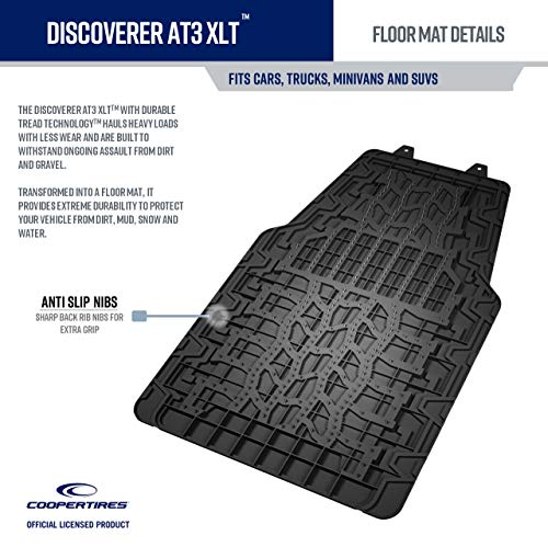 Cooper Tires Discoverer AT3ᵀᴹ All Weather Rubber Floor Mat, 4-Piece, Ridge Border Design, Trim-To-Fit, Heavy Duty, Waterproof, Fit For Most Cars, Trucks, SUVs and Vans (Black)