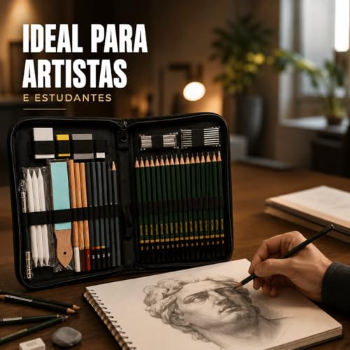 Kit Lapis de Desenho Profissional 42 Peças com Estojo Portátil, Lapis Grafite Profissional, Borrachas, Estilete e Acessórios para Artistas e Estudantes Linha Super Premium