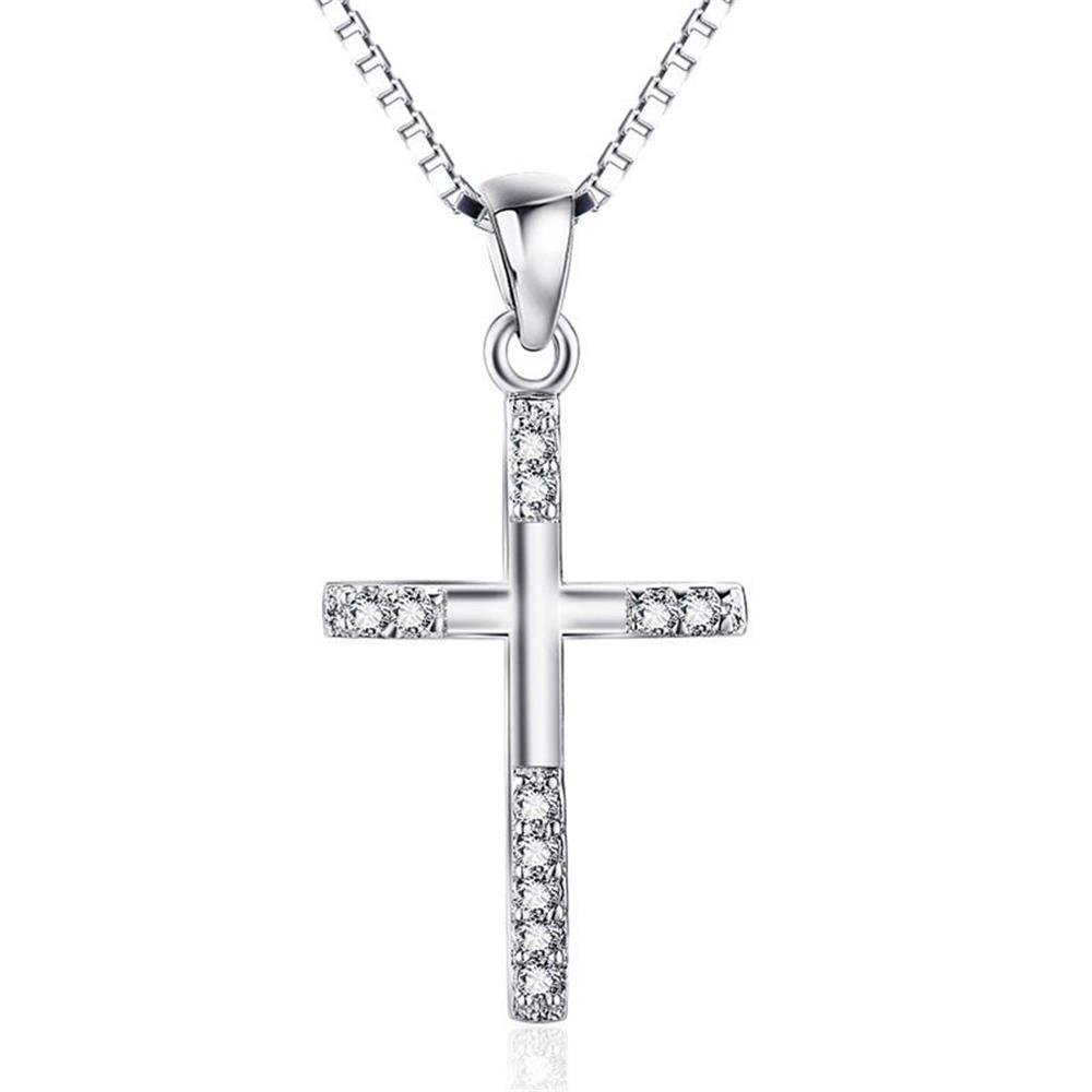 New Women 925 Sterling Silver Cross Crystal Necklace Silver Pendant Jewelry Gift by