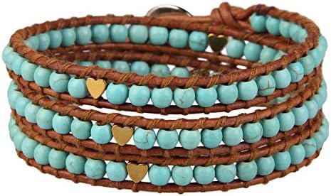 Turquoise Beads Women Heart Bracelets Genuine Leather 3 Wrap Bracelet Handmade Fashion Jewelry