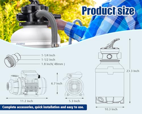 CHOOSMO 10 Inch Sand Filter Pump for Above Ground Pools, 2220 GPH 1/4 HP Pool Filtration System, 30 lb Sand Tank, 6-Way Valve, Hose Adapters, 115V, for 3,000–6,500 Gal Pools