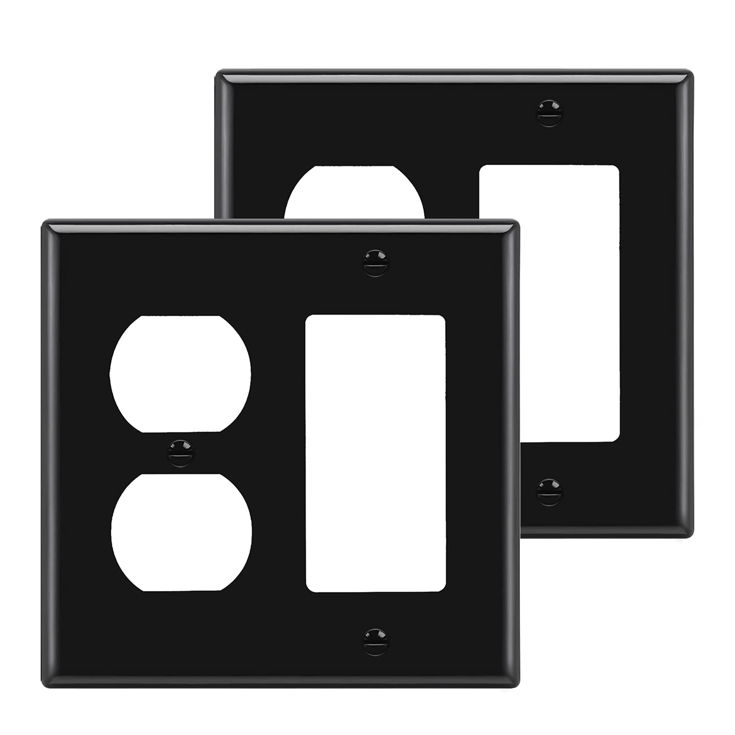 Photo 1 of [2 Pack] BESTTEN 2-Gang Combination Wall Plate, 1-Duplex/1-Decor, Standard Size H4.53” x W4.57”, Unbreakable Polycarbonate Outlet and Switch Cover, UL Listed, Black