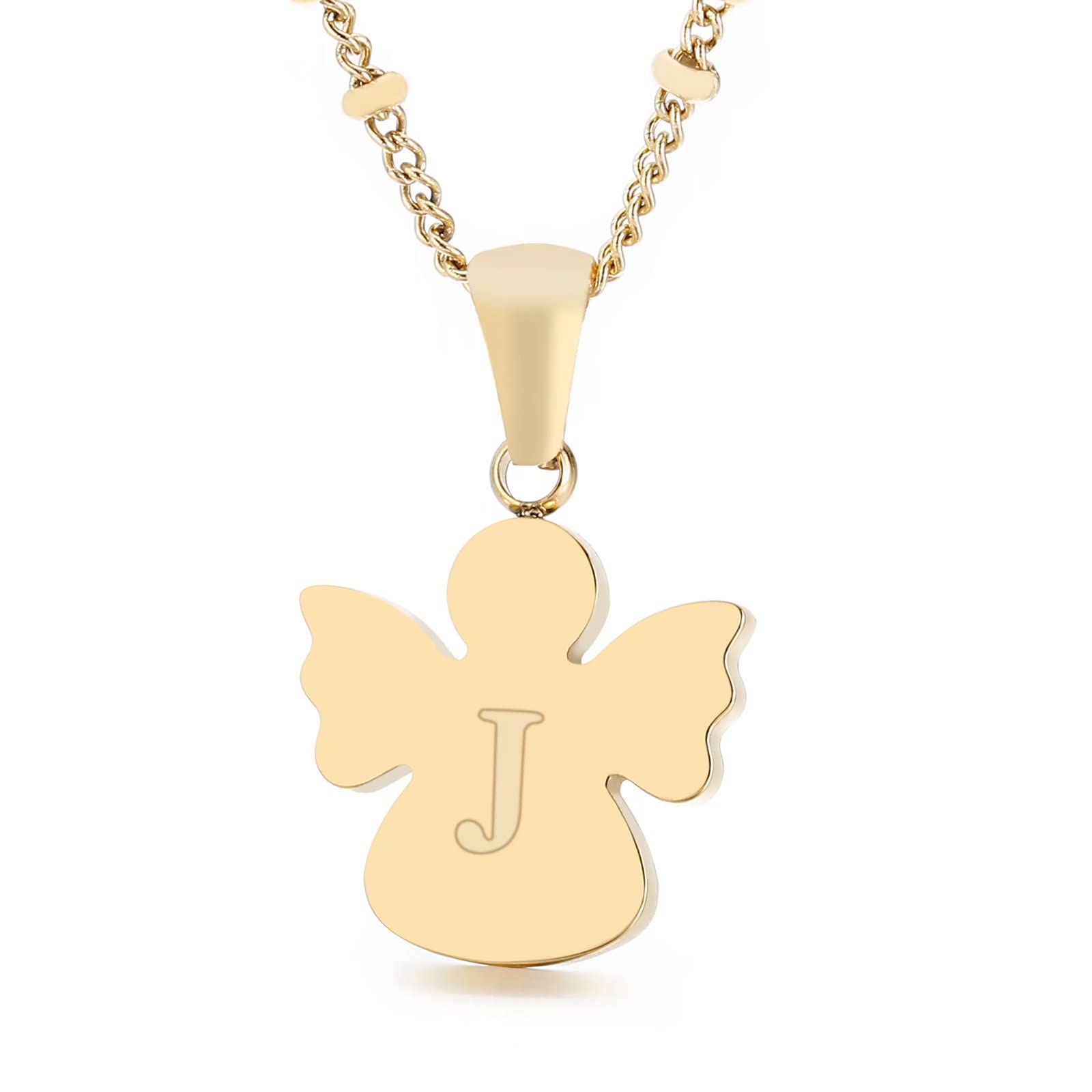 Qings Initial J pendant necklace, 26 letters golden angel chain, chain length 50 cm
