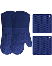 HOMWE Silicone Oven Mitts and Pot Holders, 4-Piece Set, Heavy Duty Cooking Gloves, Kitchen Counter Safe Trivet Mats, Advanced Heat Resistance, Non-Slip Textured Grip