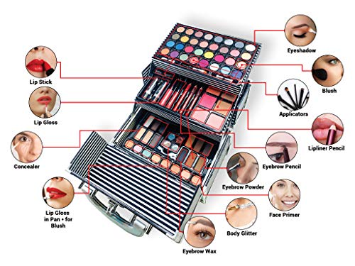 BR Carry All Trunk Train Case with Makeup and Reusable Case Makeup Gift Set (Black)