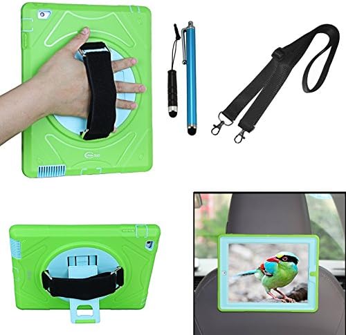 Cellular360 Shockproof Case for Apple iPad 2 iPad 3 iPad 4 , Car Headrest Mount Case with 360 Degrees Rotatable Kickstand, Adjustable Handle and Shoulder Strap (Green/Teal)