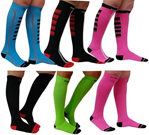 6 Pairs Pack Moderate (15-20 mm Hg) Sports, Travelers, Anti-Fatigue, Graduated Compression Socks (One Size, Sports Assorted B)