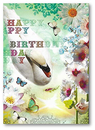 Birthday Card - Swan and Flowers