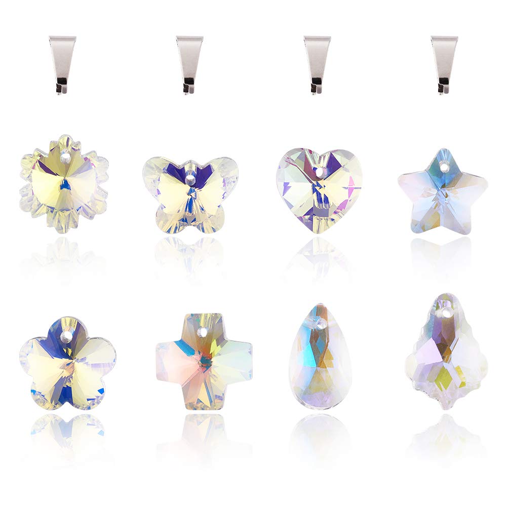 Cheriswelry 40pcs Faceted Glass Pendants Crystal Clear Heart Cross Butterfly Drop Leaf Snowflake Dangle Charms with Snap on Bails/Jump Rings for Jewellery Making