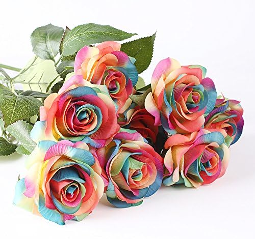 DIY Artificial Silk Craft Flowers for Bouquets, Weddings, Wreaths, & Crafts, Single Closed Rose Bud Stem 1 Bunch of 12pcs (Rainbow)