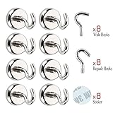 Netany 40 LB Heavy Duty Magnetic Hooks With Stickers, Strong Powerful Neodymium Indoor/Outdoor Magnet Hooks - 8 Pack & 16 Hooks