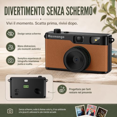 Maxmango D53 Compact Digital Camera Without Screen, Vintage Retro Camera 12 MP Capture Real Moments, Downloadable DIY Filters, USB-C, 8 GB SD Card Included, Up to 4000 Photos (Brown)